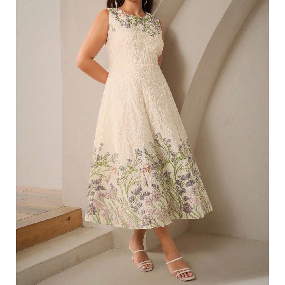 Ivory Floral Midi Dress with Embroidery